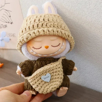 Labubu Compatible Knitted Doll Mini Sweater Suit and Rabbit Ears Hat Outfit