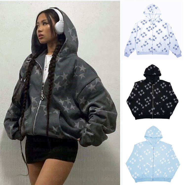 Women’s Oversized Zip Up Hoodie with Star Print
