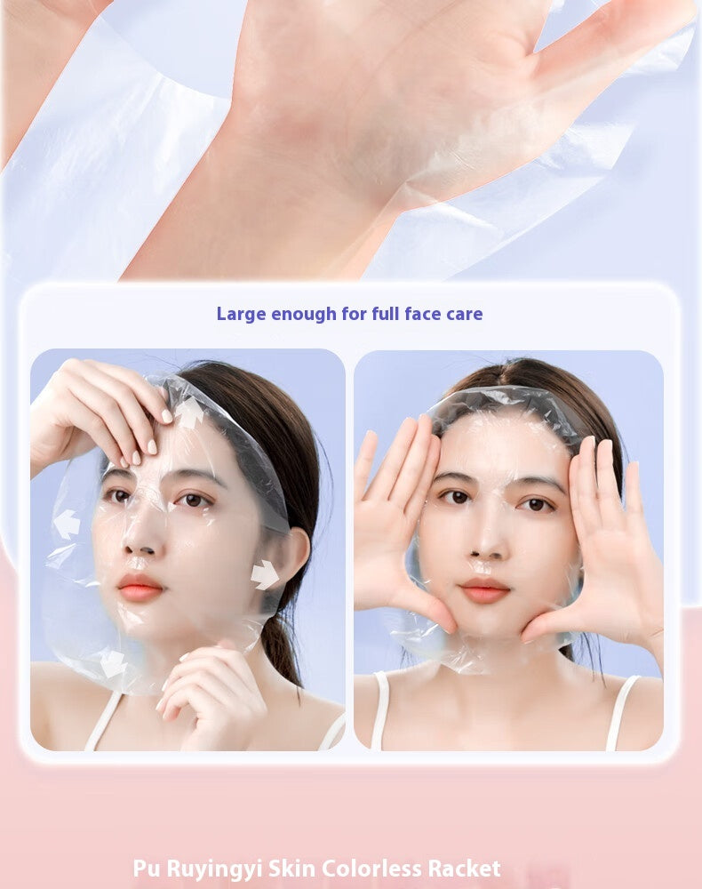 Woman using a transparent facial mask for full face care, showcasing hydration and rejuvenation benefits.