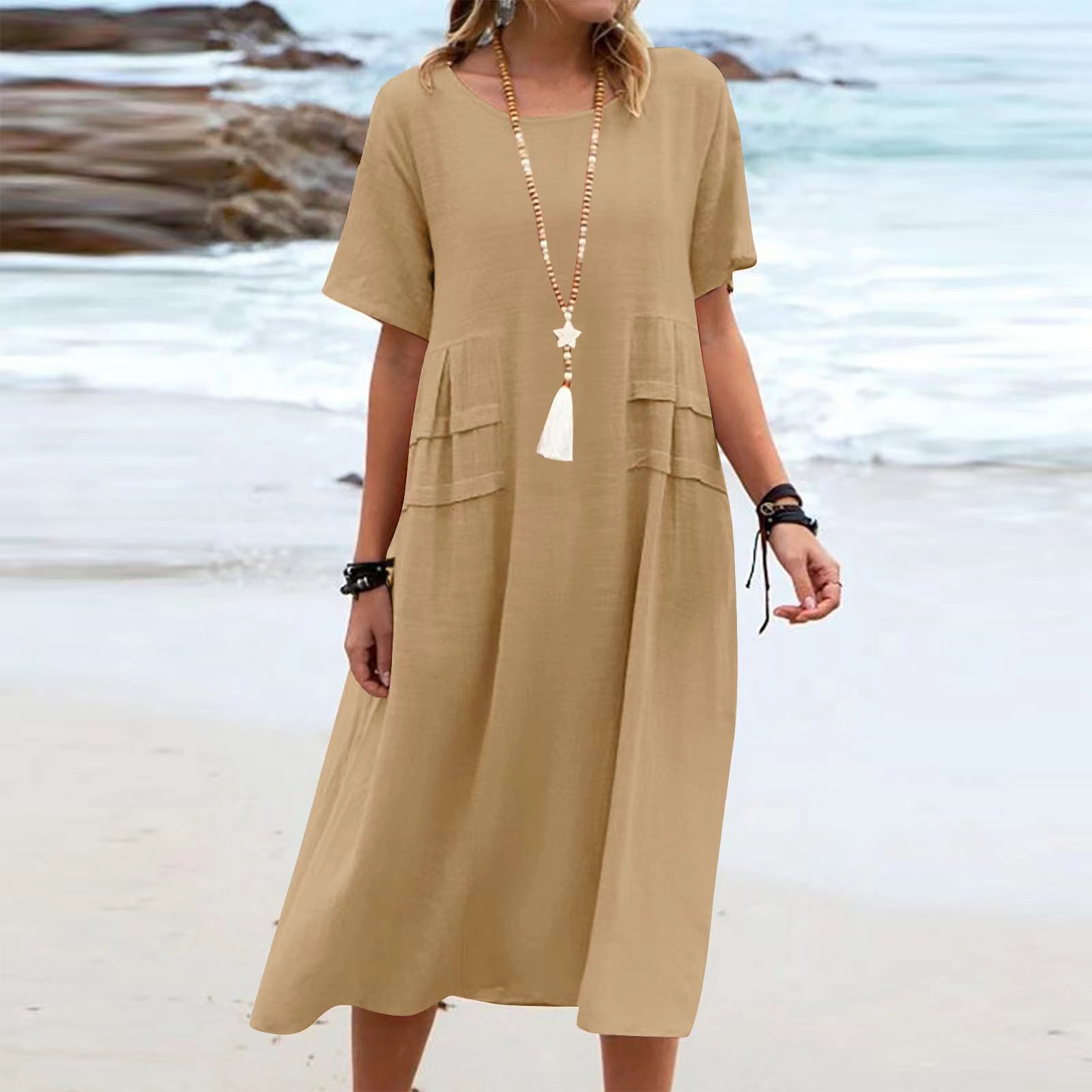 Women's Summer Cotton Linen Casual Midi Dress