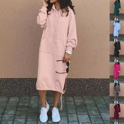 Women’s Long Hoodie Dress with Pocket and Drawstring Hem