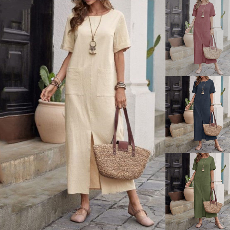 Women's Cotton Linen Solid Color Loose Round Neck Short Sleeve Dress