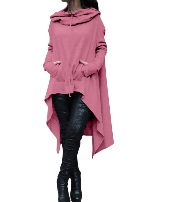 Women’s Asymmetrical Long Hoodie with Hooded Cape Design