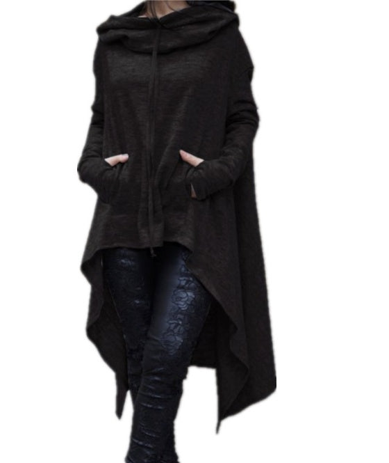 Women’s Asymmetrical Long Hoodie with Hooded Cape Design