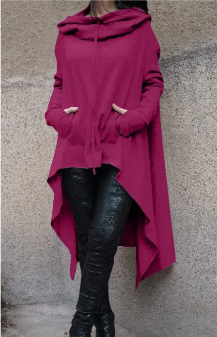 Women’s Asymmetrical Long Hoodie with Hooded Cape Design