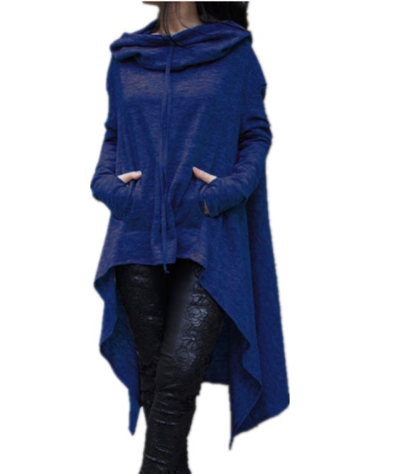 Women’s Asymmetrical Long Hoodie with Hooded Cape Design