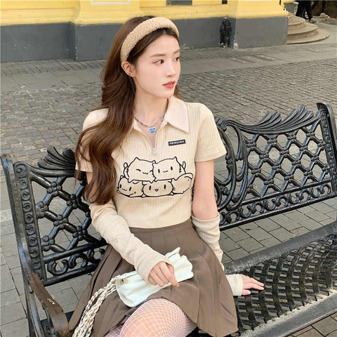 Cream Color Print Polo Short