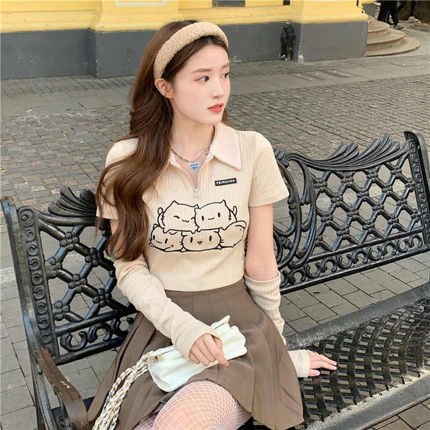Cream Color Print Polo Short