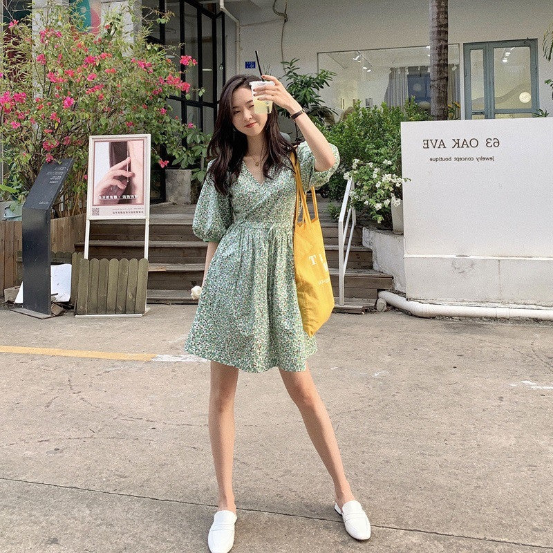 High Waist Short Skirt Small Fresh Green Floral Dress Puff Sleeve Women