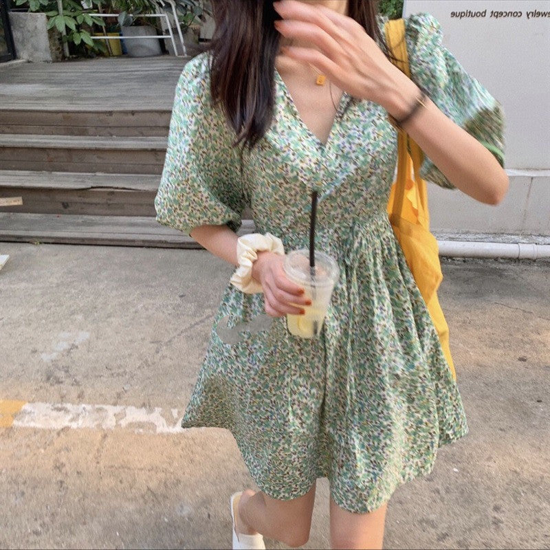 High Waist Short Skirt Small Fresh Green Floral Dress Puff Sleeve Women