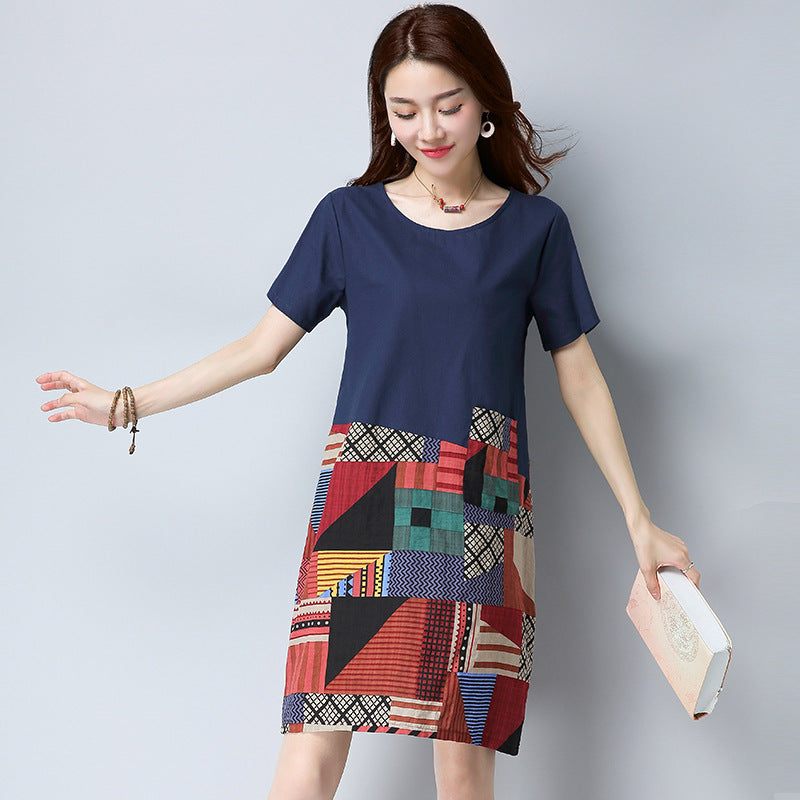 Women's Geometric Print Cotton Linen Loose Round Neck Short Sleeve Dress