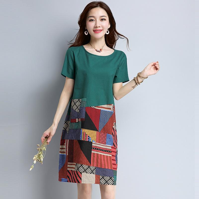 Women's Geometric Print Cotton Linen Loose Round Neck Short Sleeve Dress