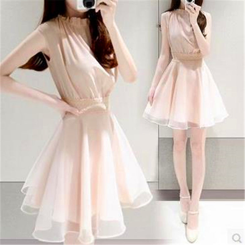 Korean Ladies Fashion Slim Slimming Waist Skirt Chiffon Short-Sleeved Dress Women