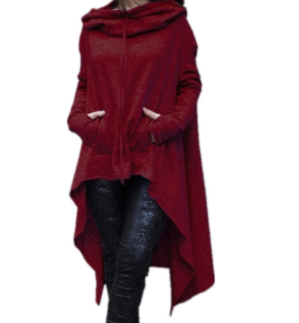 Women’s Asymmetrical Long Hoodie with Hooded Cape Design