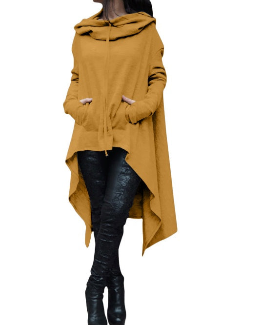 Women’s Asymmetrical Long Hoodie with Hooded Cape Design
