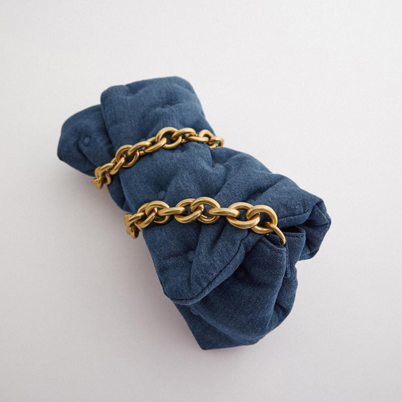 Blue oversized denim quilted shoulder messenger chain bag