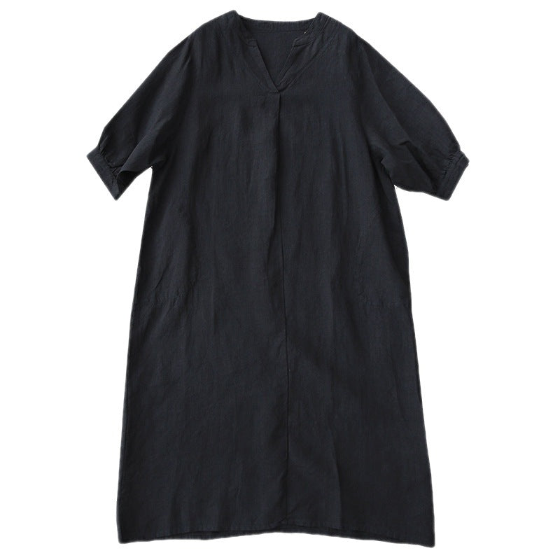 Loose Solid Cotton Linen V-neck Short-sleeved Dress For Women