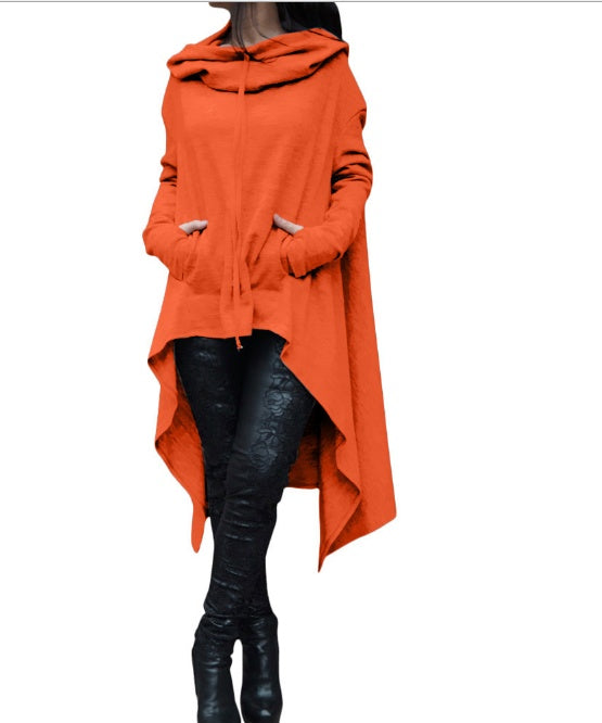 Women’s Asymmetrical Long Hoodie with Hooded Cape Design