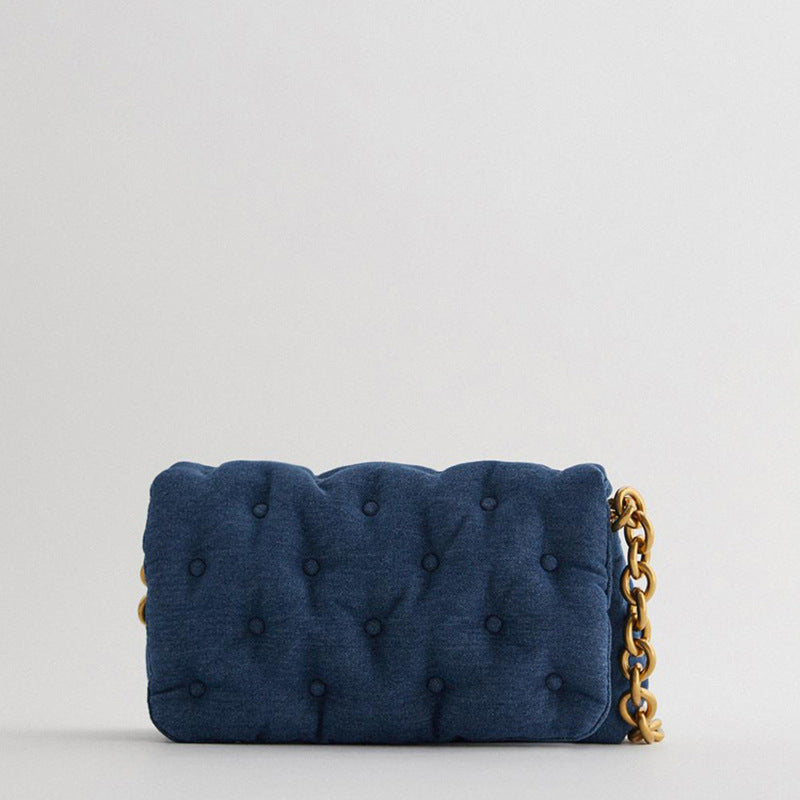 Blue oversized denim quilted shoulder messenger chain bag