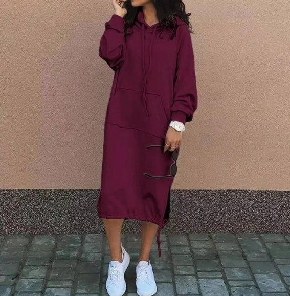 Women’s Long Hoodie Dress with Pocket and Drawstring Hem