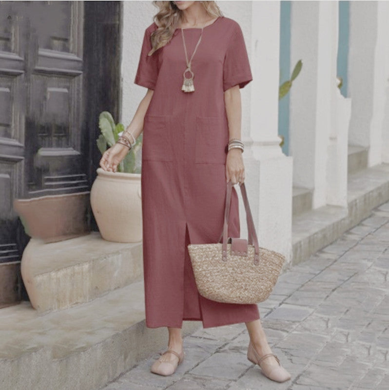 Women's Cotton Linen Solid Color Loose Round Neck Short Sleeve Dress