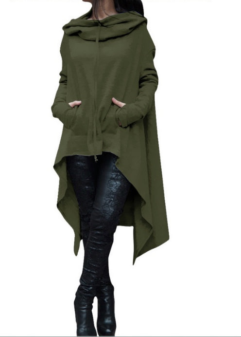 Women’s Asymmetrical Long Hoodie with Hooded Cape Design