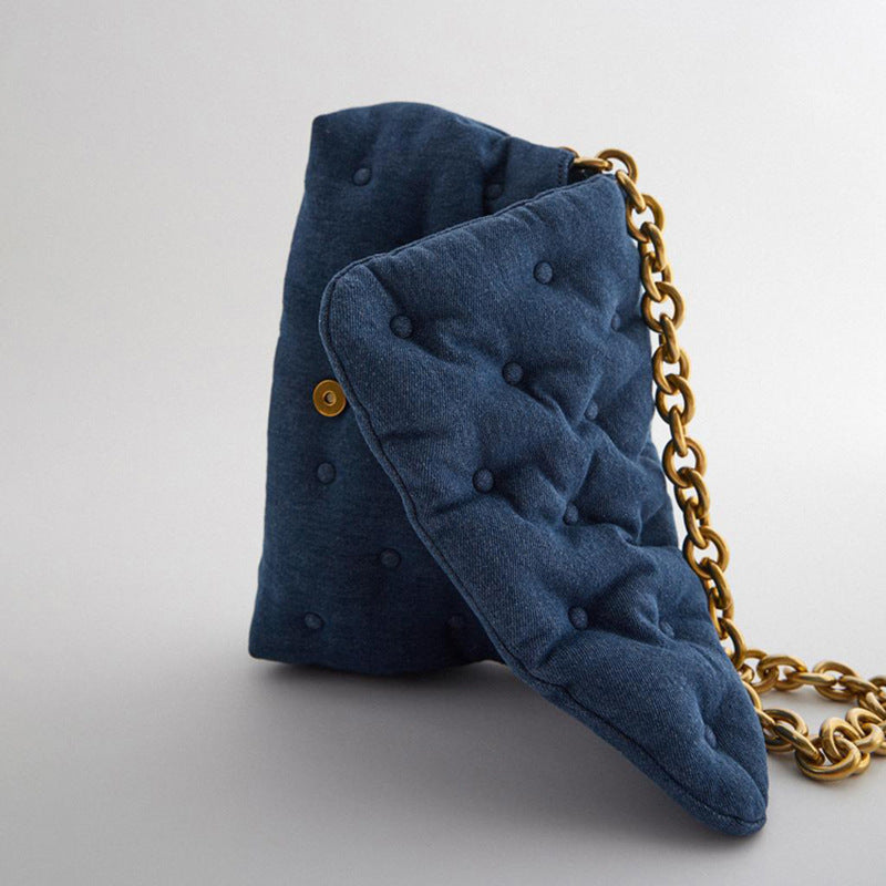 Blue oversized denim quilted shoulder messenger chain bag