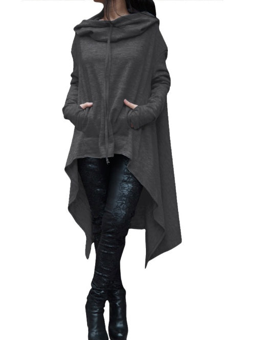 Women’s Asymmetrical Long Hoodie with Hooded Cape Design