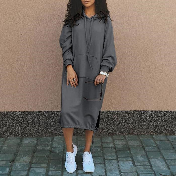 Women’s Long Hoodie Dress with Pocket and Drawstring Hem