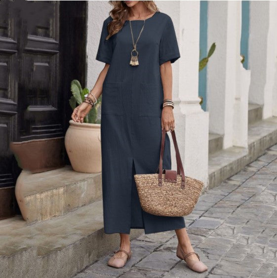 Women's Cotton Linen Solid Color Loose Round Neck Short Sleeve Dress