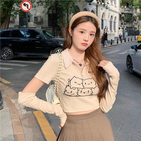 Cream Color Print Polo Short