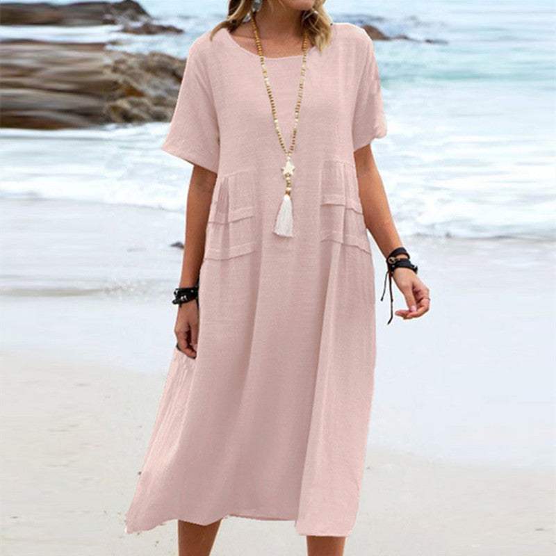 Women's Summer Cotton Linen Casual Midi Dress