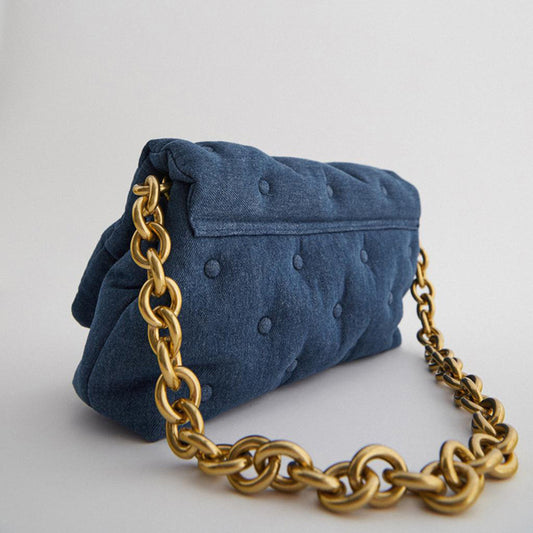Blue oversized denim quilted shoulder messenger chain bag