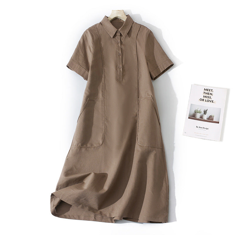 Women's Summer Artistic Solid Color Cotton Linen Lapel Short Sleeve Dress