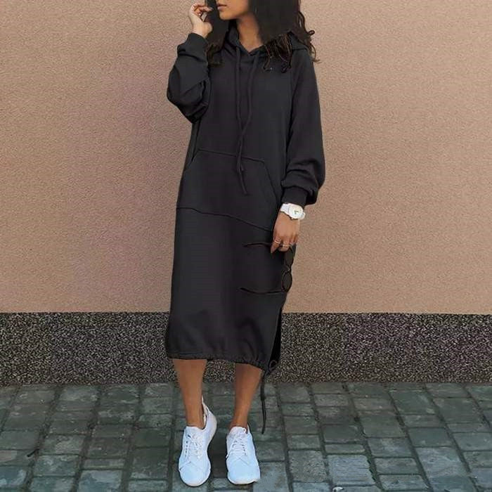 Women’s Long Hoodie Dress with Pocket and Drawstring Hem