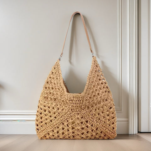 Handmade Straw Contrast Color Shoulder Bag