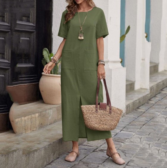 Women's Cotton Linen Solid Color Loose Round Neck Short Sleeve Dress