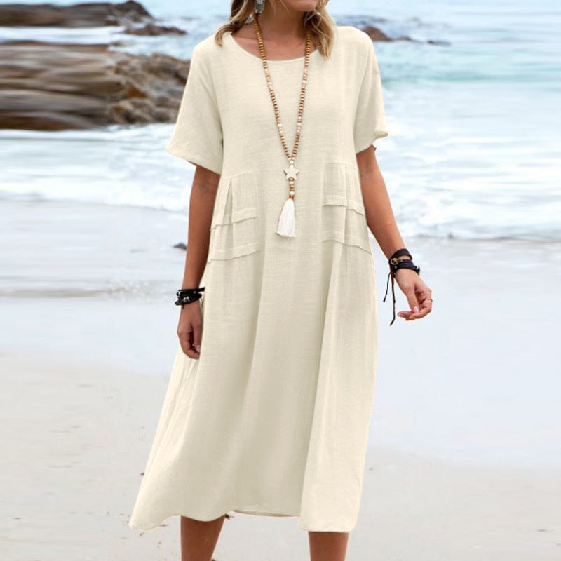 Women's Summer Cotton Linen Casual Midi Dress