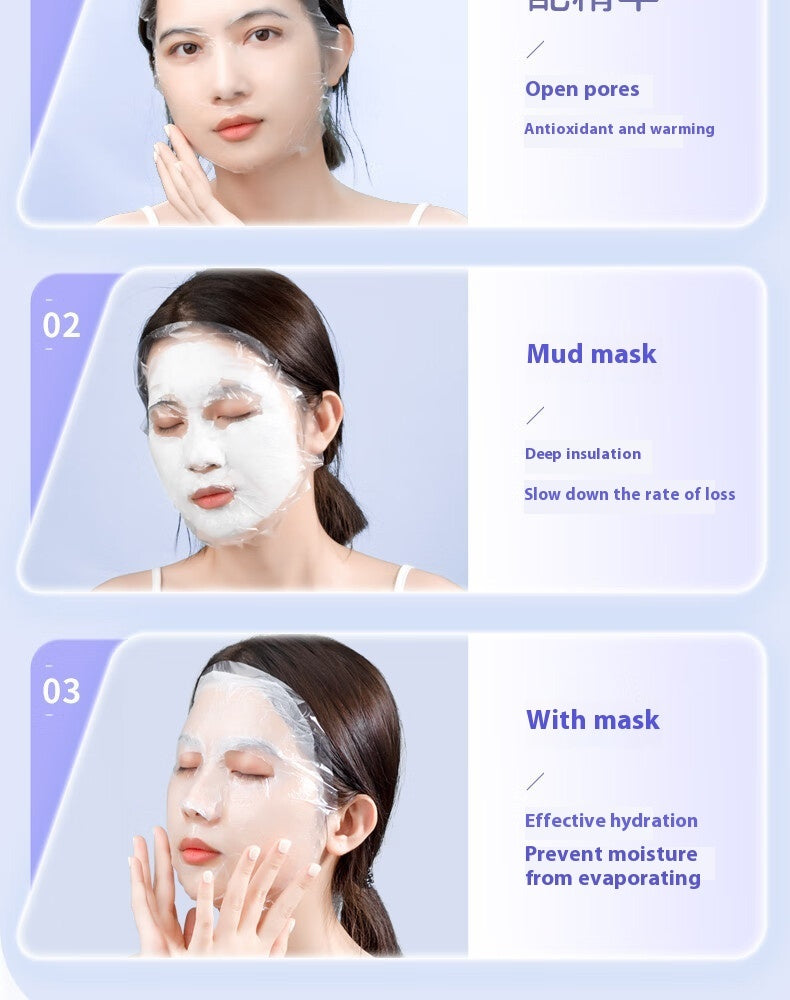 Moisturizing Facial Mask Tissue application steps showing hydration, heat preservation, and skin nourishment.