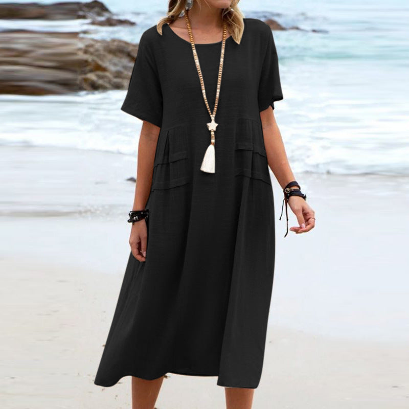 Women's Summer Cotton Linen Casual Midi Dress