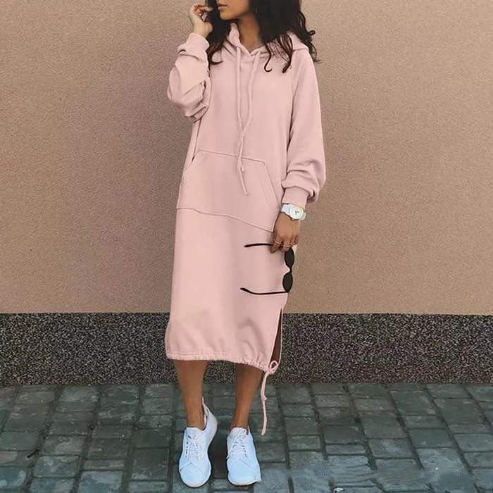 Women’s Long Hoodie Dress with Pocket and Drawstring Hem