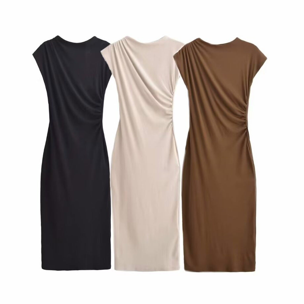 Women's Spring Summer Round Neck Short Sleeve Pleated Dress