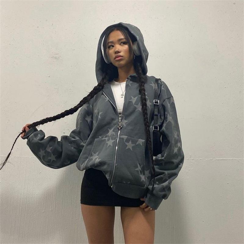 Women’s Oversized Zip Up Hoodie with Star Print