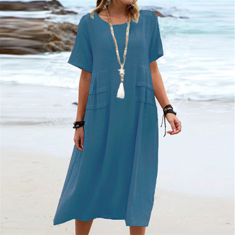 Women's Summer Cotton Linen Casual Midi Dress