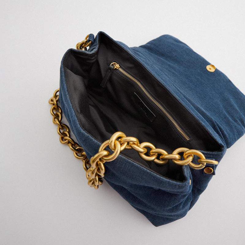 Blue oversized denim quilted shoulder messenger chain bag