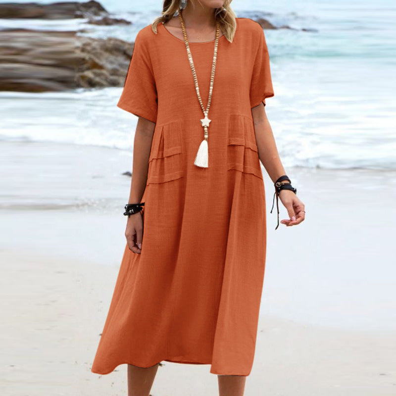 Women's Summer Cotton Linen Casual Midi Dress