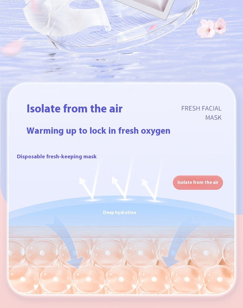Moisturizing facial mask tissue illustration highlighting deep hydration and oxygen retention features.