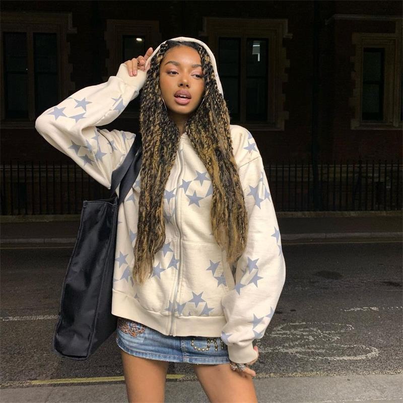 Women’s Oversized Zip Up Hoodie with Star Print