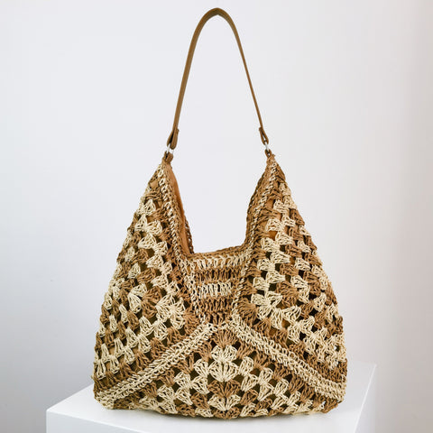 Handmade Straw Contrast Color Shoulder Bag