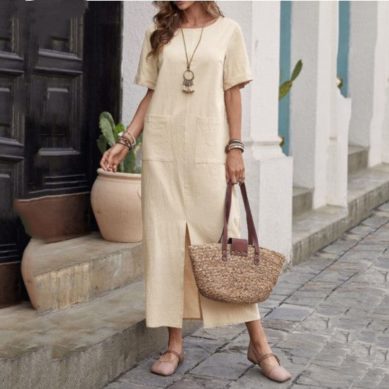 Women's Cotton Linen Solid Color Loose Round Neck Short Sleeve Dress